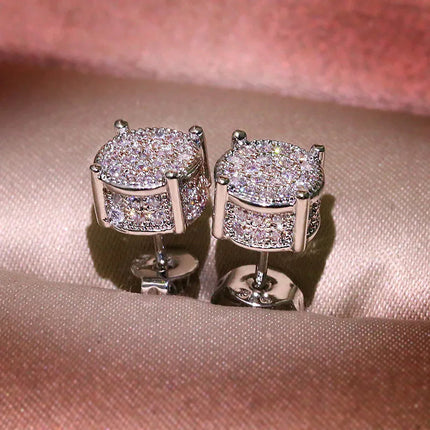 Luxury Full Crystal Round Earrings White Gold Yellow Gold Color White Zircon Stone Wedding Stud Earrings For Women Men Jewelry PlatiNum