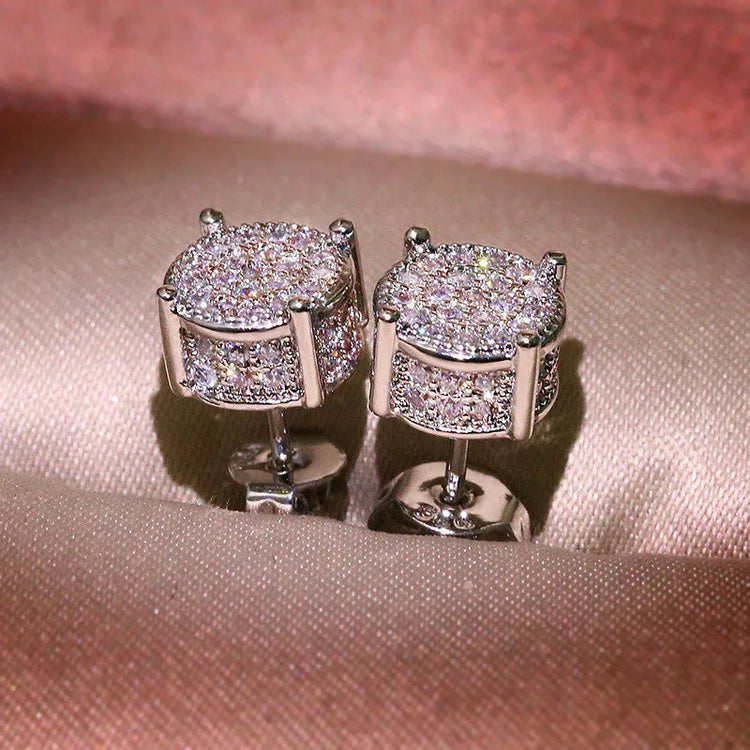Luxury Full Crystal Round Earrings White Gold Yellow Gold Color White Zircon Stone Wedding Stud Earrings For Women Men Jewelry PlatiNum