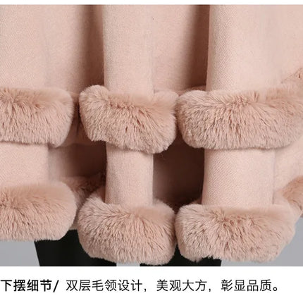 7 Colors Winter Shawl Warm Thick Cappa Coat Two Circle Faux Fox Fur Loose Poncho Cloak With Hat Women Big Pendulum Cardigan Cape