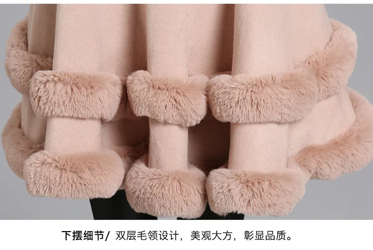 7 Colors Winter Shawl Warm Thick Cappa Coat Two Circle Faux Fox Fur Loose Poncho Cloak With Hat Women Big Pendulum Cardigan Cape
