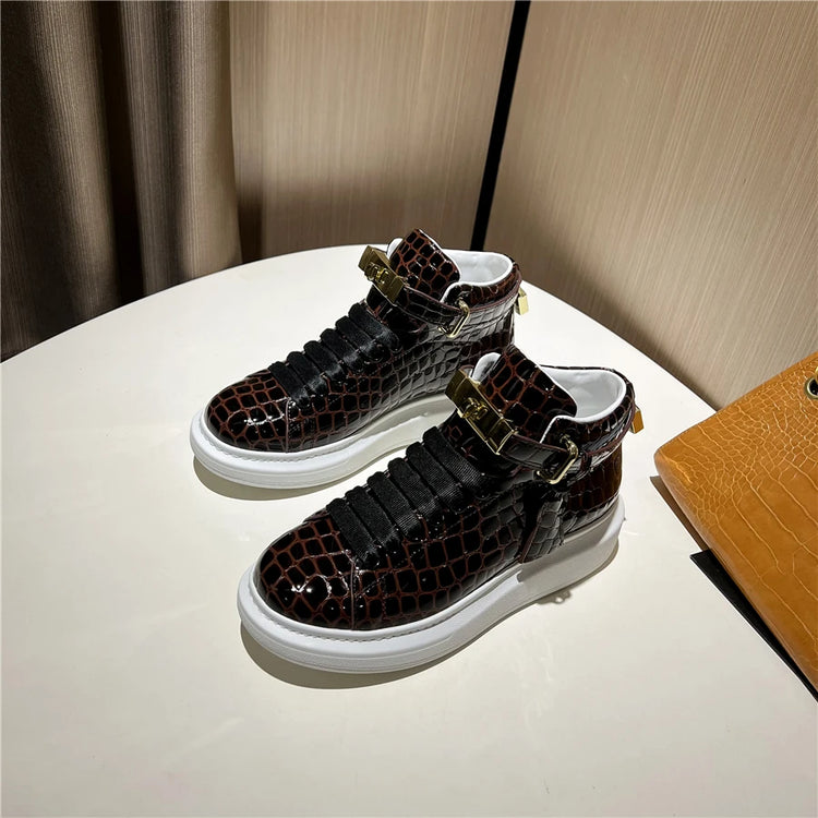 2026 Mid-Top Sneakers Men Alligator Pattern Round Toe Lock Decoration Lace Flats Glossy Cow Leather Casual Shoes