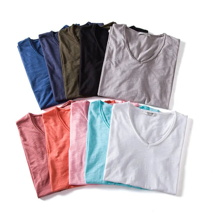 Men's 100% Cotton Branded Quality T-shirt V-Neck Fashion Design Slim Fit Solid Men's T-shirt Top Tees Short Sleeve T-shirt for Men
