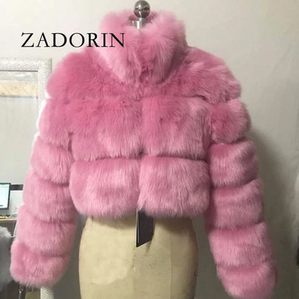 ZADORIN Fashion Cropped Faux Fur Coat Woman Warm Stand Fur Collar Slim Fluffy Fur Jacket Woman Tops Winter Fur Coats Streetwear