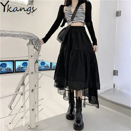 Y2k Gothic Tulle Pleated Skirt Black Lace Stitching Irregular Midi Skirt Women Vintage High Waist Long Skirt Korea Solid Hip Hop PlatiNum