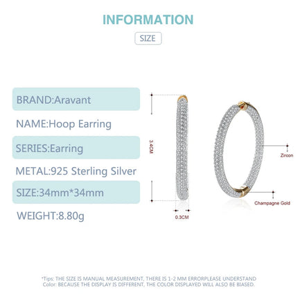 925 Silver 34mm 18K Gold Circle Hoop Earrings For Women Fashion Wedding Jewelry PlatiNum