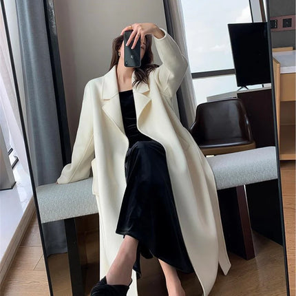 White Woolen Coat Women Autumn And Winter High-End Fashion Temperament Long Thick Blended Wool Windbreaker Female Jacket Belt 99