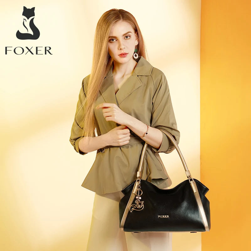 FOXER Women Genuine Leather Handbag Lady Large Capacity Crossbody Shoulder Bags Cowhide Top Handle Tote Festival Gift For Female