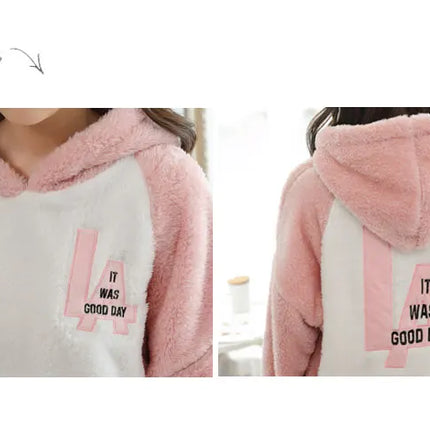 Jielur Warm Women Pajama Sets Winter Lady Long Sleeve Shirt+Pants Home suit Hooded Cartoon Print Thick Pijama Feminino