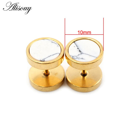 Alisouy 2 pz Acciaio Inossidabile Double Sided Rotondo Pietra Manubri Uomo Donna Vite Stud Bilanciere Orecchini Penetranti Spina per L'orecchio Finto platinumshop