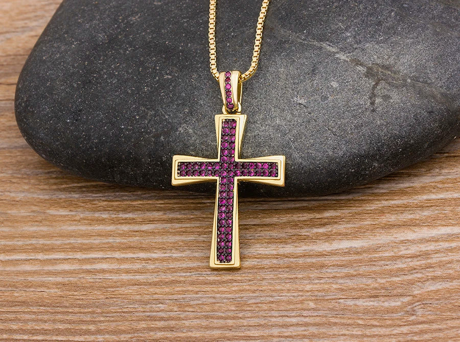 AIBEF Nuova Croce Blu/Viola/Verde Collana di Cristallo Rame Zircone Cubico Collana Girocollo 4 Colori Religione Gioielli Regalo Per La Festa