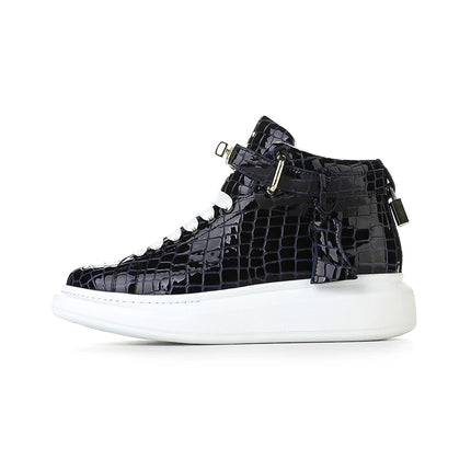 2026 Mid-Top Sneakers Men Alligator Pattern Round Toe Lock Decoration Lace Flats Glossy Cow Leather Casual Shoes