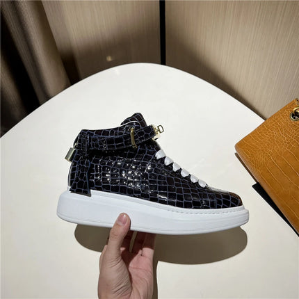 2026 Mid-Top Sneakers Men Alligator Pattern Round Toe Lock Decoration Lace Flats Glossy Cow Leather Casual Shoes