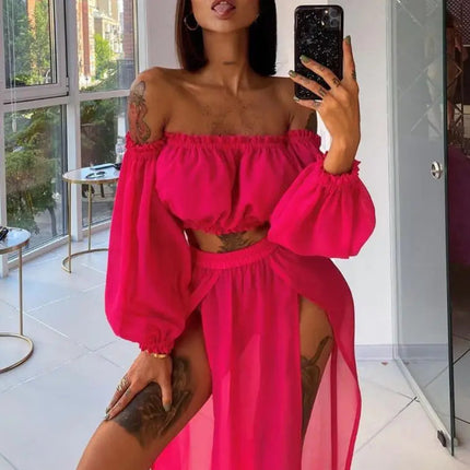 Set di abbigliamento moda estiva da donna, top a maniche lunghe con spalle scoperte e gonna copricostume in due pezzi per viaggi in vacanza al mare platinumshop