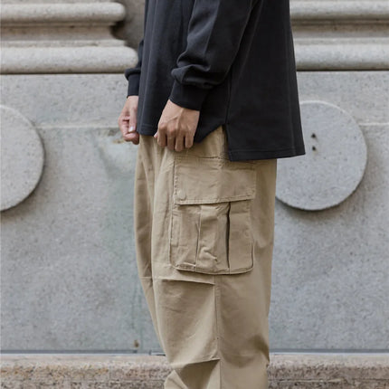 Multi-Pocket Cargo Pants Mens Safari Style Solid Color Pleated Loose Straight-leg Pants Elastic Waist Casual Trousers Men
