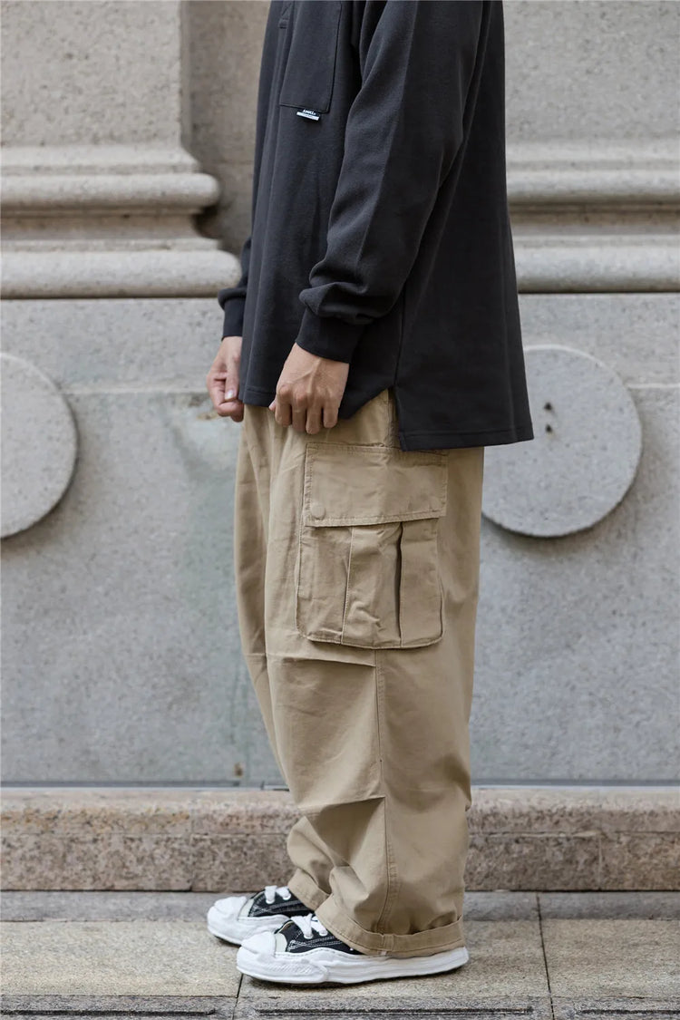 Multi-Pocket Cargo Pants Mens Safari Style Solid Color Pleated Loose Straight-leg Pants Elastic Waist Casual Trousers Men