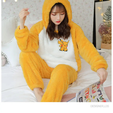 Jielur Warm Women Pajama Sets Winter Lady Long Sleeve Shirt+Pants Home suit Hooded Cartoon Print Thick Pijama Feminino