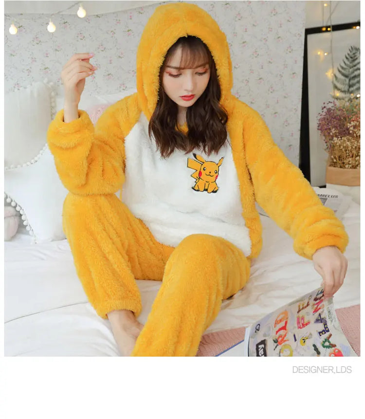Jielur Warm Women Pajama Sets Winter Lady Long Sleeve Shirt+Pants Home suit Hooded Cartoon Print Thick Pijama Feminino