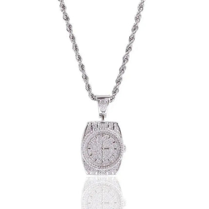 Exquisite Zircon Watch Shape Pendant Necklace Men and Women Trend Hip-Hop Rock Party Jewelry Gift Accessories PlatiNum