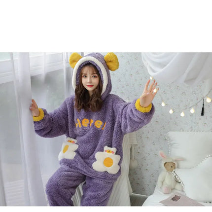 Jielur Warm Women Pajama Sets Winter Lady Long Sleeve Shirt+Pants Home suit Hooded Cartoon Print Thick Pijama Feminino
