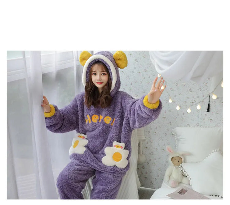 Jielur Warm Women Pajama Sets Winter Lady Long Sleeve Shirt+Pants Home suit Hooded Cartoon Print Thick Pijama Feminino
