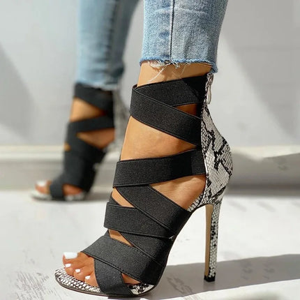 Décolleté Scarpe sexy da festa Scarpe da ballo Scarpe estive con serpente Décolleté da donna Tacchi alti e sottili Gladiatore con strass a punta