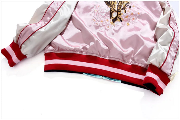 Double Sided Satin Baseball Jacket Women Sukajan Jacket Female Girls Embroidery Coat 2026 Spring Autumn Pink Z1A1