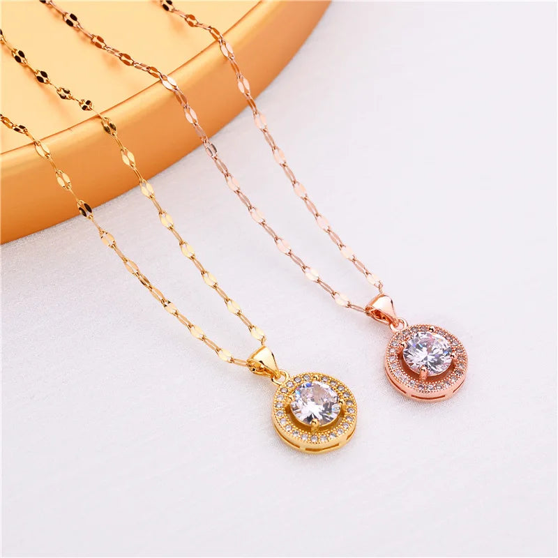Nuova collana con ciondolo in cristallo di zircone rotondo romantico di lusso coreano per catena clavicola femminile di gioielli in acciaio inossidabile da donna