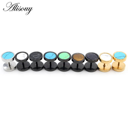 Alisouy 2 pz Acciaio Inossidabile Double Sided Rotondo Pietra Manubri Uomo Donna Vite Stud Bilanciere Orecchini Penetranti Spina per L'orecchio Finto platinumshop