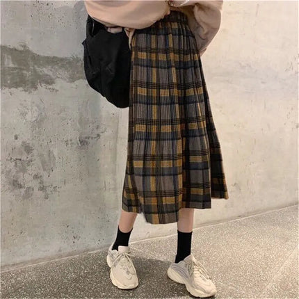 Vintage Wool Pleated Plaid Skirt Women High Waist Plus Size Long Skirt 2022 Autumn Winter Harajuku Female Party Skirt Streetwear PlatiNum