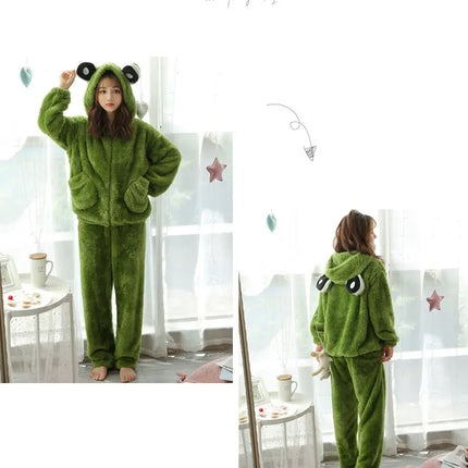 Jielur Warm Women Pajama Sets Winter Lady Long Sleeve Shirt+Pants Home suit Hooded Cartoon Print Thick Pijama Feminino