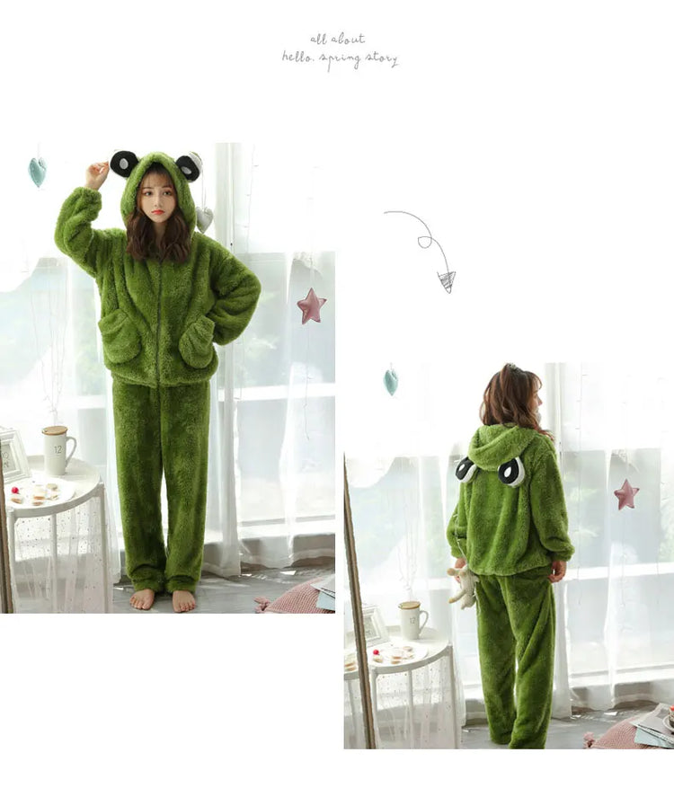 Jielur Warm Women Pajama Sets Winter Lady Long Sleeve Shirt+Pants Home suit Hooded Cartoon Print Thick Pijama Feminino