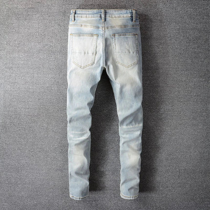 Men Crystal Holes Ripped Patchwork Jeans Streetwear Light Blue Denim Slim Skinny Pencil Pants Trousers PlatiNum