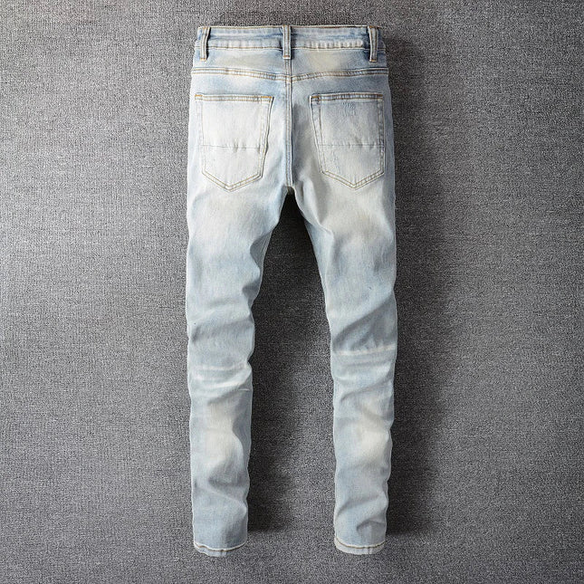 Men Crystal Holes Ripped Patchwork Jeans Streetwear Light Blue Denim Slim Skinny Pencil Pants Trousers PlatiNum