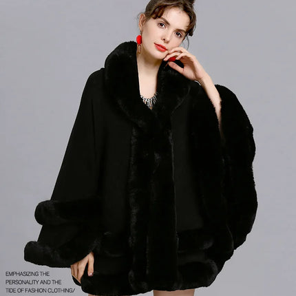 7 Colors Winter Shawl Warm Thick Cappa Coat Two Circle Faux Fox Fur Loose Poncho Cloak With Hat Women Big Pendulum Cardigan Cape