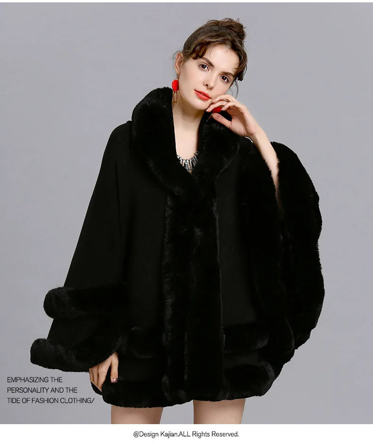 7 Colors Winter Shawl Warm Thick Cappa Coat Two Circle Faux Fox Fur Loose Poncho Cloak With Hat Women Big Pendulum Cardigan Cape