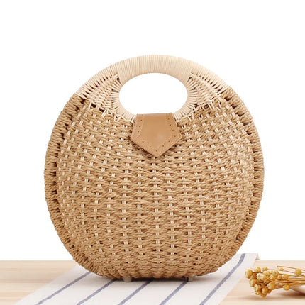 Women's Handmade Round Woven Natural Rattan Handbag Shoulder Bag Summer Beach Bag with Casual Bohemia Women's Clutch