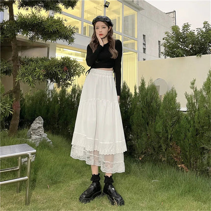 Y2k Gothic Tulle Pleated Skirt Black Lace Stitching Irregular Midi Skirt Women Vintage High Waist Long Skirt Korea Solid Hip Hop PlatiNum