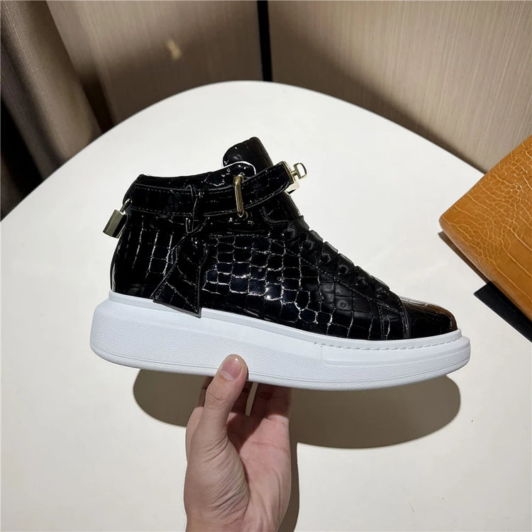2026 Mid-Top Sneakers Men Alligator Pattern Round Toe Lock Decoration Lace Flats Glossy Cow Leather Casual Shoes