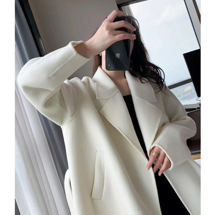 White Woolen Coat Women Autumn And Winter High-End Fashion Temperament Long Thick Blended Wool Windbreaker Female Jacket Belt 99