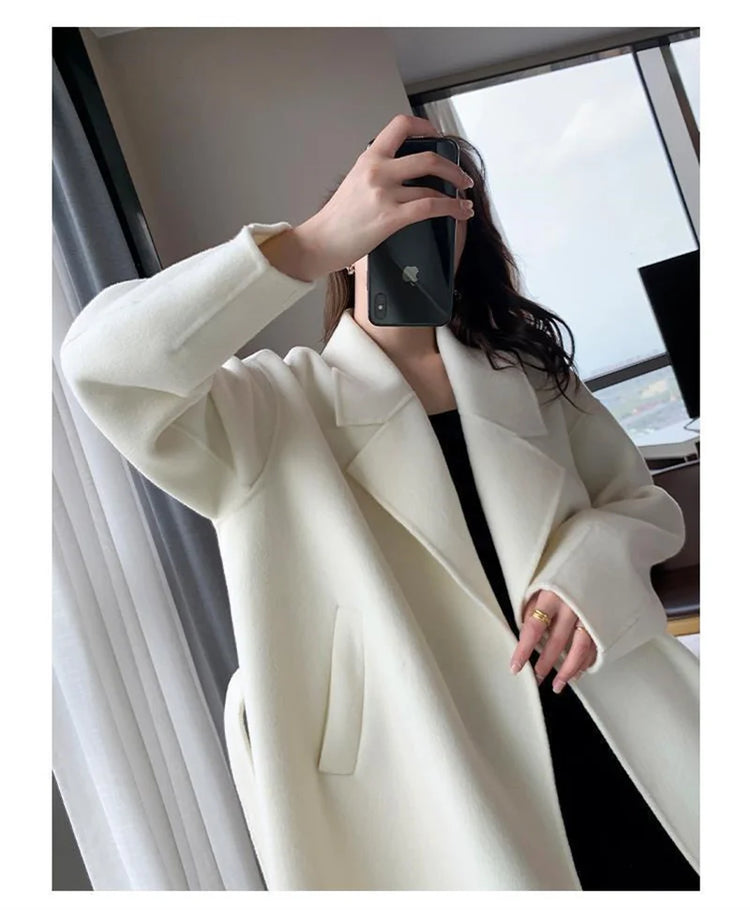 White Woolen Coat Women Autumn And Winter High-End Fashion Temperament Long Thick Blended Wool Windbreaker Female Jacket Belt 99