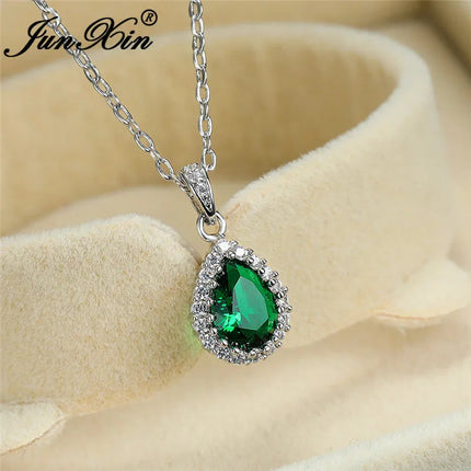 Multicolor Crystal Water Drop Stone Pendant Green Red Blue Zircon Necklaces For Women White Gold Colorful Pear Cz Wedding Choker PlatiNum