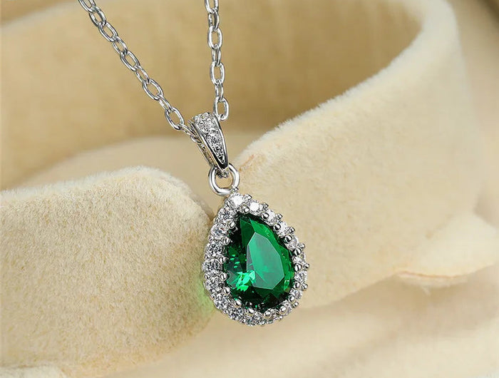 Multicolor Crystal Water Drop Stone Pendant Green Red Blue Zircon Necklaces For Women White Gold Colorful Pear Cz Wedding Choker PlatiNum