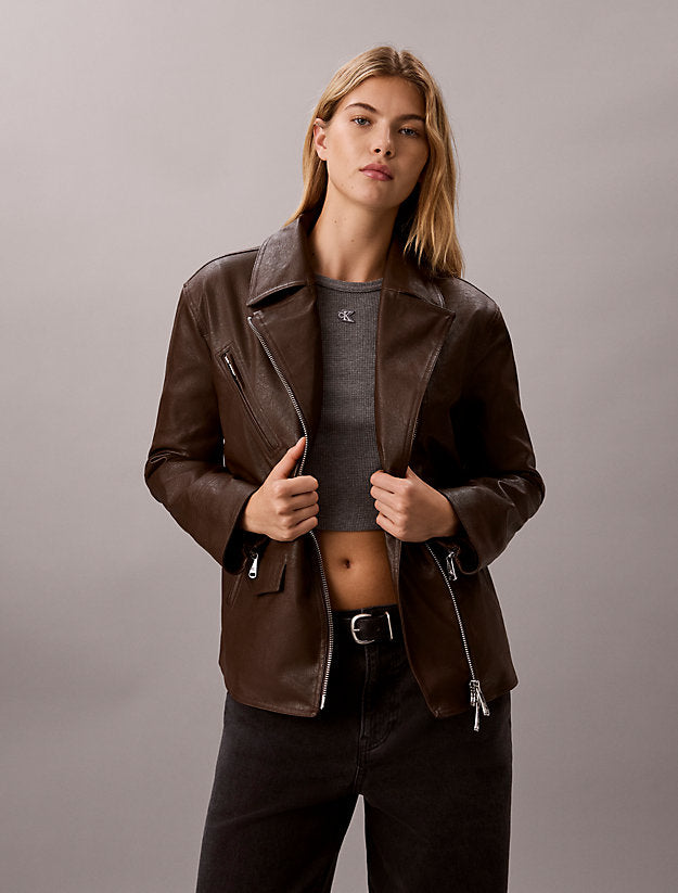 giacca da motociclista in ecopelle brown cork da donne calvin klein jeans