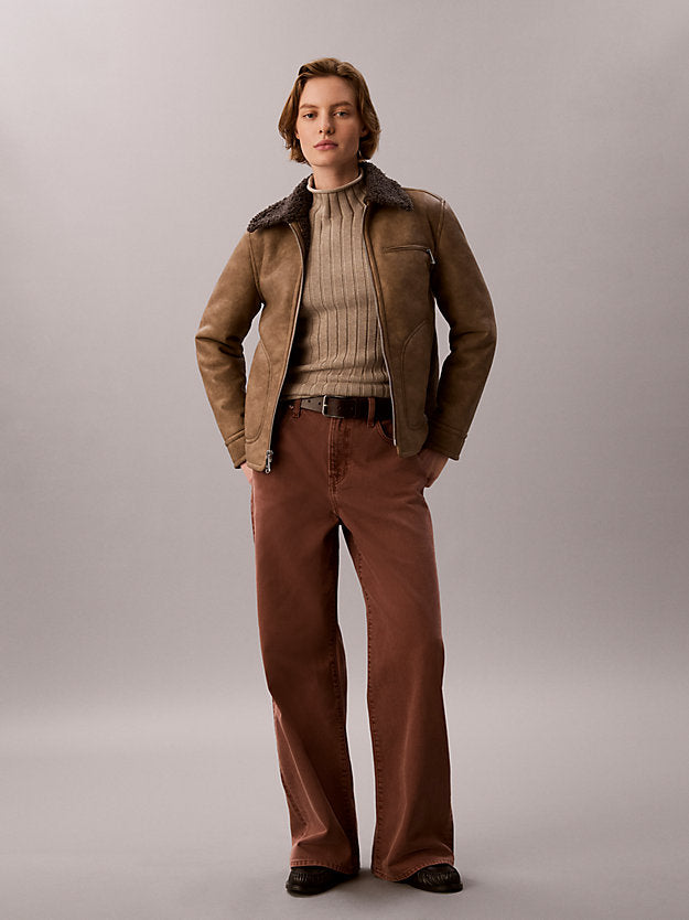 giacca stile aviatore in montone sintetico brown leather with grey shearling da donne calvin klein jeans