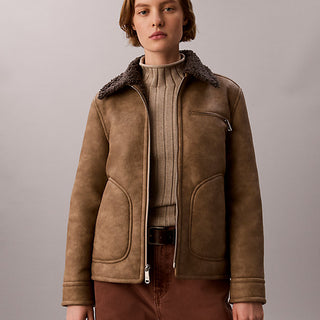 giacca stile aviatore in montone sintetico brown leather with grey shearling da donne calvin klein jeans