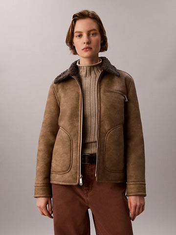 giacca stile aviatore in montone sintetico brown leather with grey shearling da donne calvin klein jeans