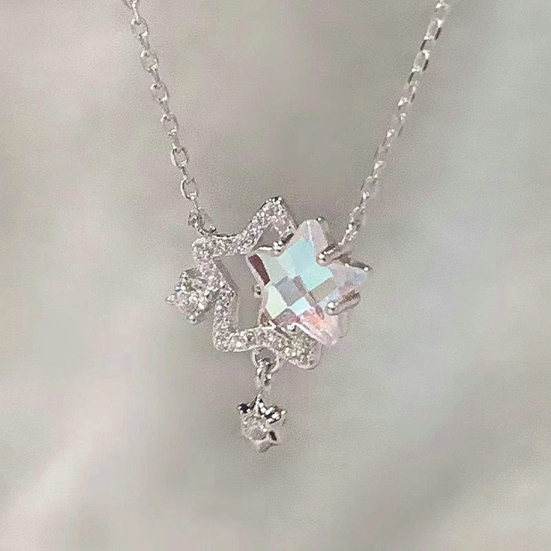 Elegante collana con ciondolo in cristallo rotondo rosa dal Design semplice collana con gioielli a catena con clavicola a stella per ragazze di moda coreana