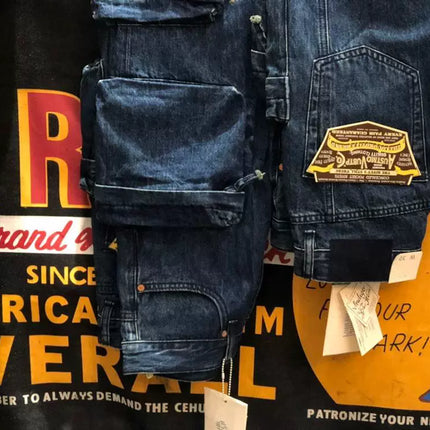 Multi Pockets Heavyweight Cotton Denim Dark Blue Men Pants American Tough Guys Male Overalls Straight Workwear Cargo Trousers