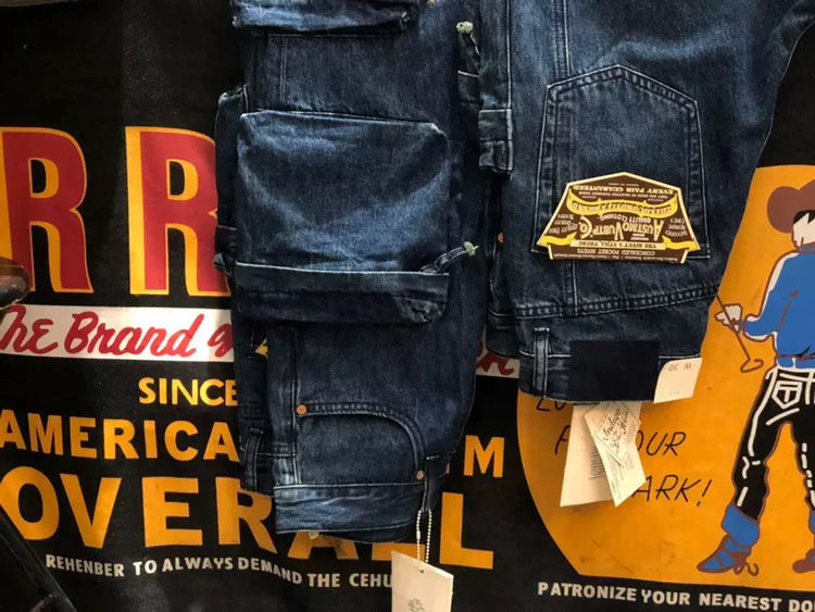 Multi Pockets Heavyweight Cotton Denim Dark Blue Men Pants American Tough Guys Male Overalls Straight Workwear Cargo Trousers