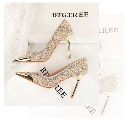 BIGTREE Scarpe Tomaia per scarpe con strass Décolleté da donna Tacchi a spillo 9,5 cm Punta a punta in metallo Tacchi alti Décolleté in cristallo di lusso Lady platinumshop